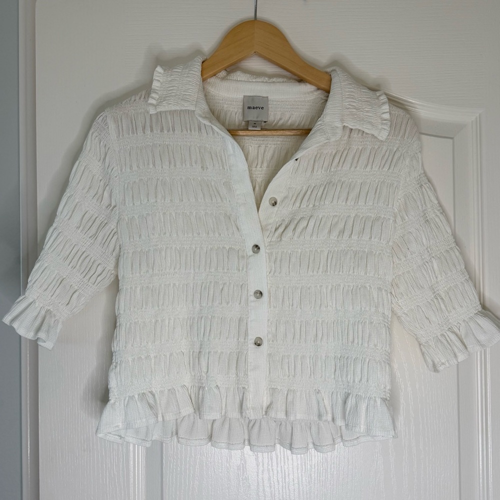 Anthropology Maeve Ivory Button-Up Ruffle Top